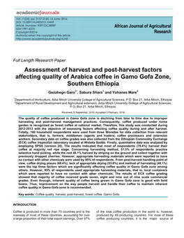 Assessment of Harvest and Post-Harvest Factors Affecting Quality of Arabica Coffee in Gamo Gofa Zone, Southern Ethiopia