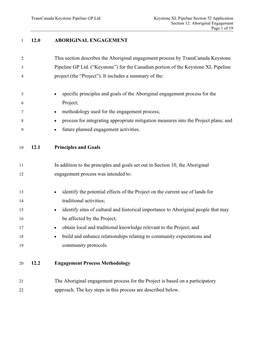 Transcanada Keystone Pipeline GP Ltd. Keystone XL Pipeline Section 52 Application Section 12: Aboriginal Engagement Page 1 of 19