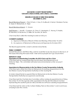 San Mateo County Transit District 1250 San Carlos Avenue, San Carlos, California Minutes of Board of Directors Meeting December