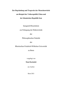 Zur Begründung Und Tragweite Der Menschenwürde Am Beispiel Der Volksrepublik China Und Der Islamischen Republik Iran