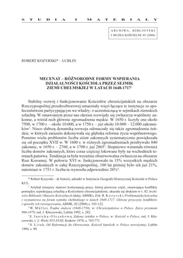 Różnorodne Formy Wspierania Działalności Kościoła Przez Sejmik Ziemi Chełmskiej W Latach 1648-17171