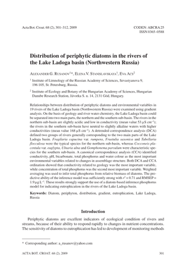 Distribution of Periphytic Diatoms in the Rivers of the Lake Ladoga Basin (Northwestern Russia)