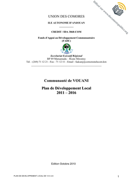 Communauté De VOUANI Plan De Développement Local 2011 – 2016