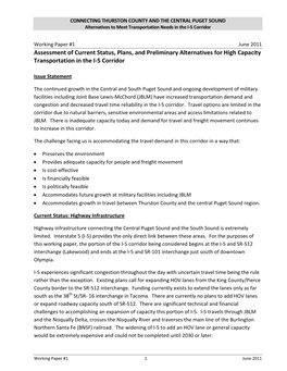 Assessment of Current Status, Plans, and Preliminary Alternatives for High Capacity Transportation in the I-5 Corridor