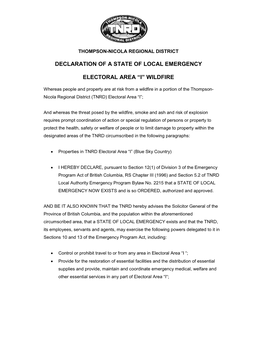 Declaration of a State of Local Emergency Electoral Area “I” Wildfire