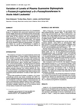 Variation of Levels of Plasma Guanosine Diphosphate L.Fucose:Fl-D-Galactosyl A-2-L-Fucosyltransferase in Acute Adult Leukemia1