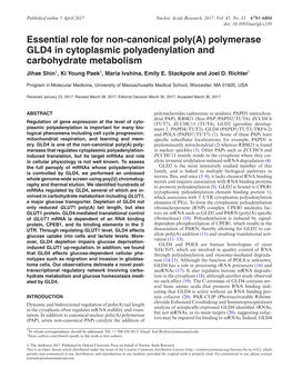 Polymerase GLD4 in Cytoplasmic Polyadenylation and Carbohydrate Metabolism Jihae Shin†, Ki Young Paek†, Maria Ivshina, Emily E