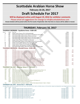 Scottsdale Arabian Horse Show Draft Schedule for 2017