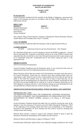 TOWNSHIP of PEMBERTON REGULAR MEETING October 2, 2019 6:00 P.M. FLAG SALUTE Council President Trueblood Led the Assembly In