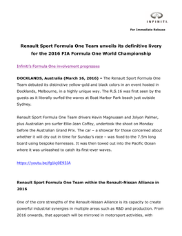 Renault Sport Formula One Team Unveils Its Definitive Livery for the 2016 FIA Formula One World Championship
