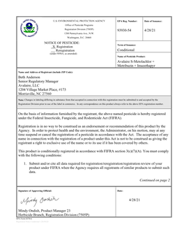 US EPA, Pesticide Product Label, Avalaire S-Metolachlor + Metribuzin