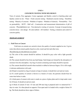 UNIT 4 CONCRETE TESTING with MIX DESIGN Tests of Cement, Fine