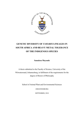 Genetic Diversity of Tamarix Lineages in South Africa and Heavy Metal Tolerance of the Indigenous Species