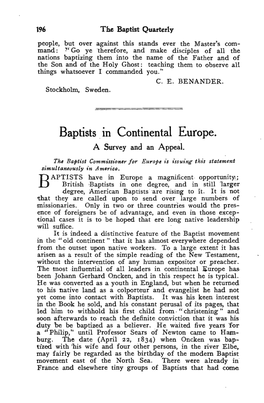Baptists. in Continental Europe. a Survey and an Appeal