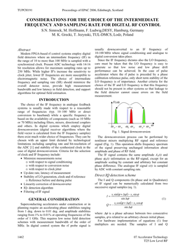 Considerations for the Choice of the Intermediate Frequency and Sampling Rate for Digital Rf Control S.N