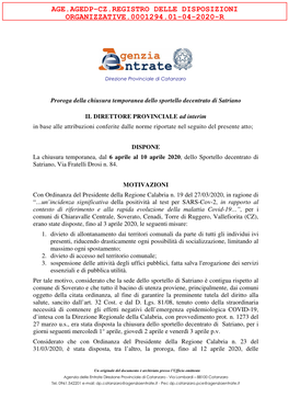 Chiusura Sportello Di Satriano Fino Al 10 Aprile