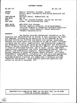 Autism: Basic Information and Autism Questions and Answers. INSTITUTION Bancroft School, Haddonfield, NJ