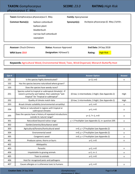 TAXON:Gomphocarpus Physocarpus E. Mey. SCORE:23.0 RATING:High Risk