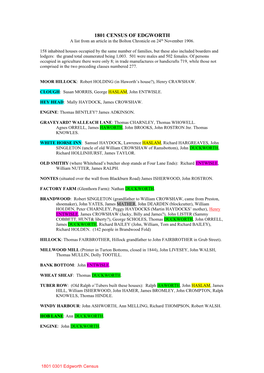 1801 CENSUS of EDGWORTH a List from an Article in the Bolton Chronicle on 24Th November 1906