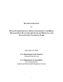 Final Environmental Impact Statement and Bison Management Plan for the State of Montana and Yellowstone National Park