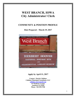 WEST BRANCH, IOWA City Administrator/ Clerk