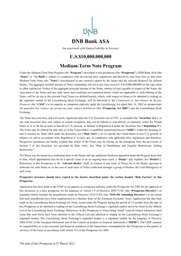 DNB Bank ASA (Incorporated with Limited Liability in Norway) U.S.$10,000,000,000 Medium-Term Note Program