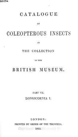 Catalogue of Coleopterous Insects in the Collection of the British Museum