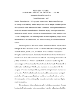 AESTHETIC FUSIONS: BRITISH ASIAN MUSIC and DIASPORA CULTURE Nilanjana Bhattacharjya, Ph.D