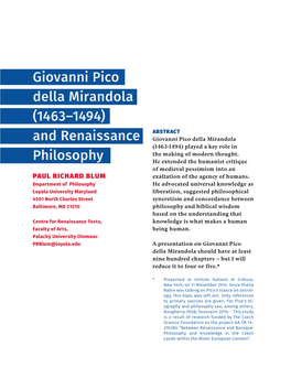 Giovanni Pico Della Mirandola (1463-1494) And