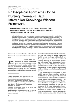 Philosophical Approaches to the Nursing Informatics Data- Information-Knowledge-Wisdom Framework