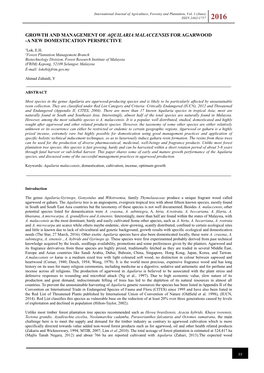 Growth and Management of Aquilaria Malaccensis for Agarwood -A New Domestication Perspective