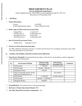 PROCUREMENT PLAN Poverty Reduction Fund Project Fund: Original Grant No