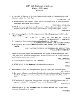 2014 Yale Certamen Invitational Advanced Division Round 1