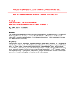 'Teaching and Live Performance: Applied Theatre in Universities and Schools', by John Jacobs