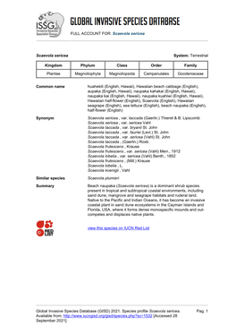 FULL ACCOUNT FOR: Scaevola Sericea Global Invasive Species Database (GISD) 2021. Species Profile Scaevola Sericea. Available