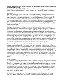 Klingle Valley from Top to Bottom: a Look at the Geology and Urban Hydrology of Cleveland Park’S Main Watershed Saturday, November 15, 2014, 9:30 AM – Noon