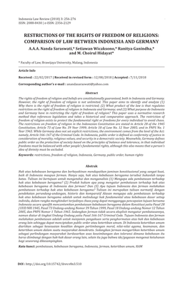 Restrictions of the Rights of Freedom of Religions: Comparison of Law Between Indonesia and Germany A.A.A