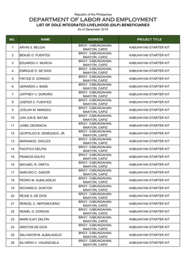 DEPARTMENT of LABOR and EMPLOYMENT LIST of DOLE INTEGRATED LIVELIHOOD (DILP) BENEFICIARIES As of December 2019