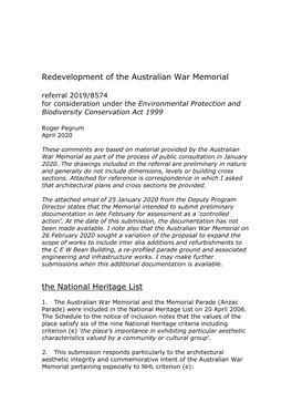 Redevelopment of the Australian War Memorial the National Heritage List