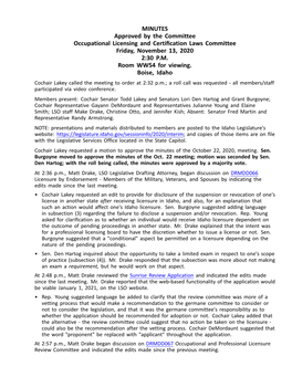 MINUTES Approved by the Committee Occupational Licensing and Certification Laws Committee Friday, November 13, 2020 2:30 P.M. Room WW54 for Viewing