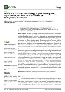 Effects of Helicoverpa Armigera Egg Age on Development, Reproduction, and Life Table Parameters of Trichogramma Euproctidis
