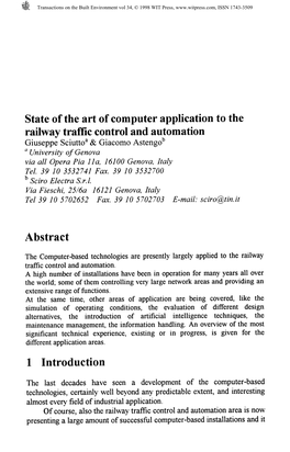 State of the Art of Computer Application to the Railway Traffic Control and Automation Giuseppe Sciutto* & Giacomo Astengo