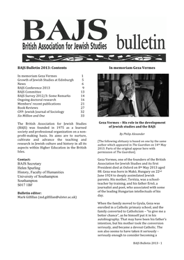 BAJS Bulletin 2013: Contents in Memoriam Geza Vermes