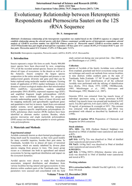 Evolutionary Relationship Between Heteropternis Respondents and Pternoscirta Sauteri on the 12S Rrna Sequence