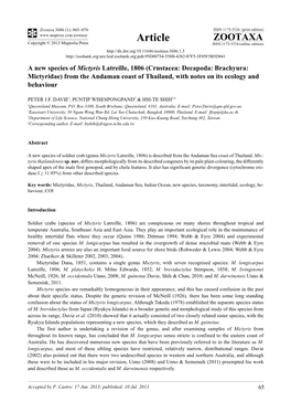 A New Species of Mictyris Latreille, 1806 (Crustacea: Decapoda: Brachyura: Mictyridae) from the Andaman Coast of Thailand, with Notes on Its Ecology and Behaviour