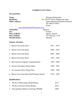 CURRICULUM VITEA Personal Data: Name: Maryam Mohammad