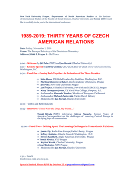 1989-2019: Thirty Years of Czech American Relations