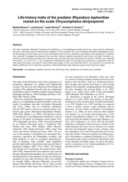 Life-History Traits of the Predator Rhyzobius Lophanthae Reared on the Scale Chrysomphalus Dictyospermi