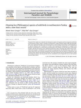 Chewing Lice (Phthiraptera) Species of Wild Birds in Northwestern Turkey