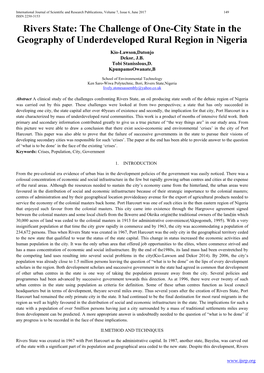 Rivers State: the Challenge of One-City State in the Geography of Underdeveloped Rural Region in Nigeria Kio-Lawson,Datonjo Dekor, J.B